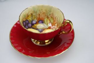 Fine Vintage Aynsley " Orchard Fruit " Tea Cup & Saucer D.  Jones Red Gold