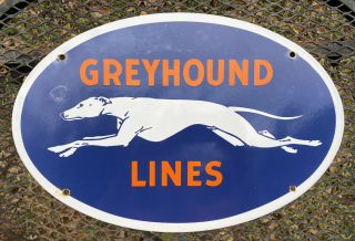 Vintage Greyhound Bus Lines Porcelain Metal Sign Usa Transportation Gas Oil Oval