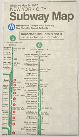 Vintage May 1987 Nyc York City Subway Map