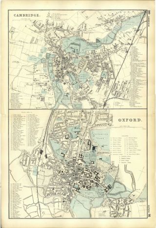 1891 Antique Map Street Plan Cambridge Oxford Halls Colleges Almshouses Railway