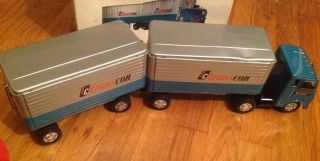 Vintage Transcon Lines Tractor Twin Trailer Tin Toy Friction Japan Iob