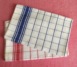 Pair Vintage French Pure Linen Torchons Tea Towels Red & Bluestripes