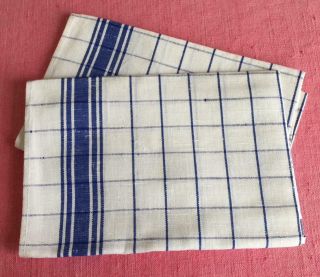 Pair Vintage French Pure Linen Torchons Tea Towels Blue Stripes Exc