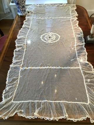 Antique Net Tambour Lace 75” X 33” Bed Or Table Topper Tlc Victorian