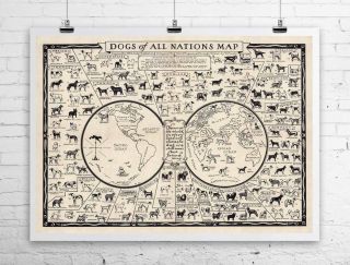Dog Breeds Of All Nations 1936 Vintage Dog Map Rolled Canvas Print 32x24 In.
