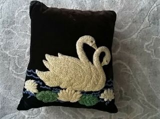 Vintage Chenille Embroidered Velvet Pillow - - Swans