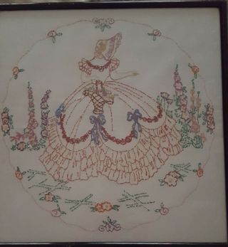 Vintage Hand Embroidered Picture Framed - Lady In Garden