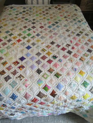 Vintage Cathedral Window Quilt Creamy White Variety Prints 78 X 98