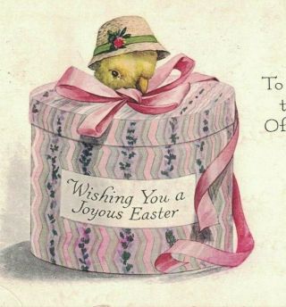 Easter Vintage Pc Art Deco Baby Chick Wears Bonnet Decorated Hat Box