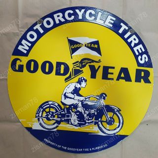 Goodyear Motorcycle Tires 2 Sided Vintage Porcelain Sign 30 Inches Round