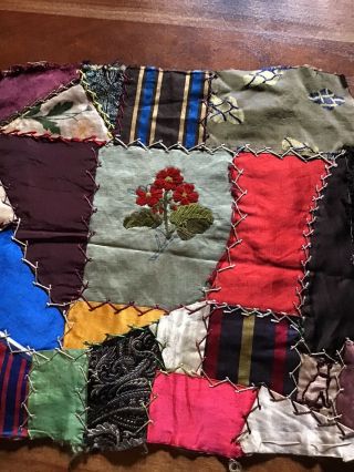 Antique Crazy Quilt Block With Embroidered And Hand Painted Flowers
