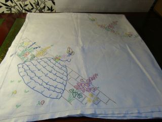 Vintage Crinoline Lady Embroidered Linen Table Cloth 110 Cm X 110 Cm