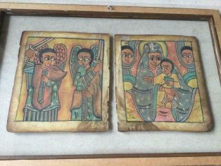 201223 - 2 Antique Ethiopian Handpainted & - Written Coptic Icon Leaves Ethiopia