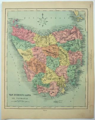 1878 Map Of Tasmania,  Australia By William Hughes.  Antique