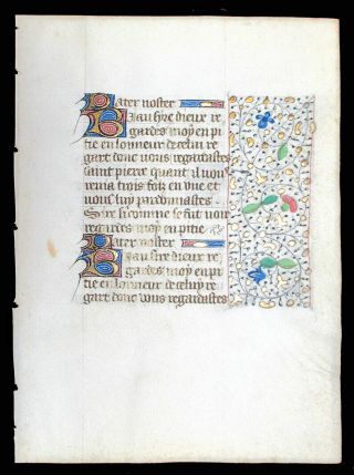 Written In Medieval French,  Illuminated Book Of Hours Manuscript Leaf C.  1450