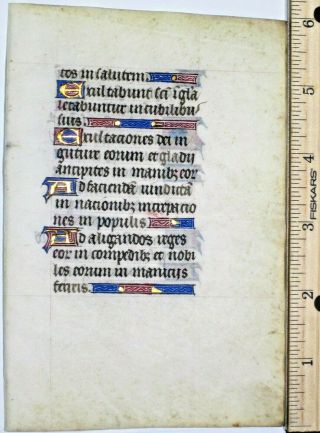 Illuminated Medieval Book Of Hours Lf.  9 Gold Initials And Line Fillers,  Ca.  1450