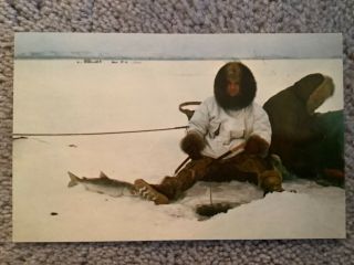 Vintage Postcard Fishing Through The Ice On Kobuc Lake,  Alaska