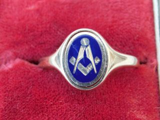 Lovely Vintage Enamel Masons Masonic 9ct 9k Gold Swivel Ring - Large Size Y