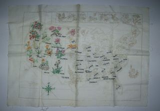 Vintage Embroidered Usa Map Of The United States & State Flowers,  Not Finished