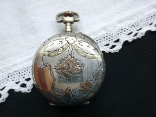 Antique Sterling Gold Watch French Art Nouveau Pendant Pocket Necklace Vintage