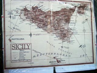 Vintage Sicily Italy Ww2 Map Wwii Army Publication Air Map 24x17 " Malta Channel