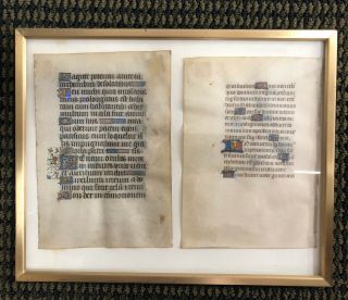 Medieval Illuminated Manuscript Leaves Pair Framed Book Of Hours 1400s Nr 8432 - 3