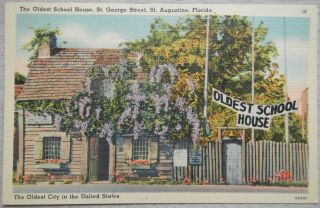 Vintage Postcard Linen The Oldest School House,  St.  Augustine Florida