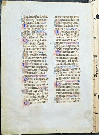 Illuminated Medieval Book Of Hours Leaf,  Gold Initials And Decorations,  Ca.  1380