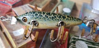 Vintage Heddon 150 Minnow Fishing Lure 5 Hooks Green Crackleback