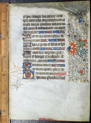 Flawed Medieval Illuminated Boh Leaf,  Gold Initials&floral Border,  French,  Ca.  1480