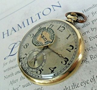 Vintage 1927 Hamilton 916 17 Jewel 3 Adj.  14k Gold Filled Open Face Pocket Watch