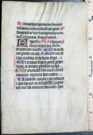 Medieval Illuminated Leaf From A Book Of Hours,  Deco Initials,  Psalm 39/40,  Ca.  1420