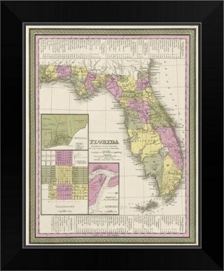 Vintage Map Of Florida Black Framed Wall Art Print,  Map Home Decor