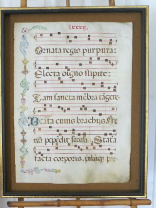 Antique Medieval Illuminated Musical Manuscript On Vellum Vexilla Regis Hymn
