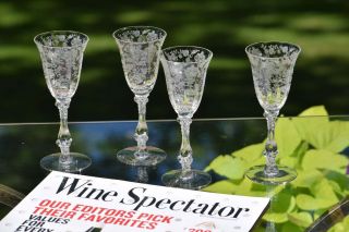 Vintage Etched Wine Cordials - Glasses,  Set Of 5,  Cambridge,  Rose Point,  2.  5 Oz