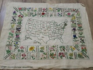 Vintage Paragon Usa State Flower Map Completed Embroidery Embroidered.