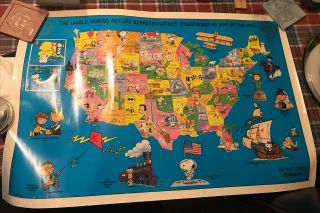 Vintage Snoopy Map (30 " X 20 ") Usa Charlie Brown Peanuts 1992 Metlife Poster