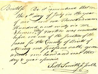1796 Early Am - Doc Ebenezer Titus " Uttering One Profane Oath " Under My Hand & Seal