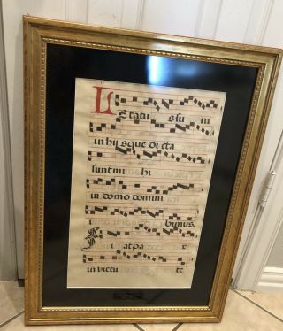17th Century Antiphonal Music Manuscript On Vellum 22 " ×15 " Double Sided Framed