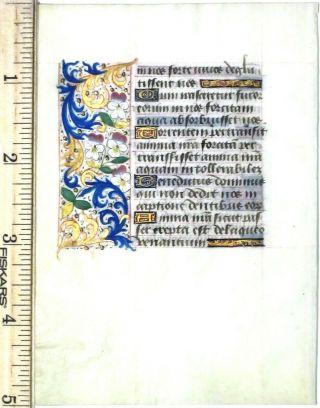 Illuminated Medieval Book Of Hours Leaf,  Gold - Heightened Floral Border,  Ca.  1480