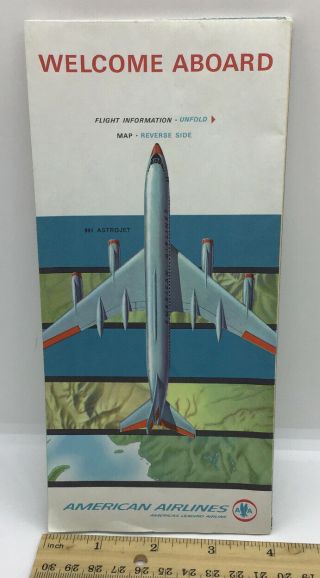 Vintage American Airlines Flight Routes Map Brochure Astrojet 990,  707,  727