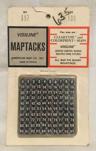 Vtg Visiline Push - Pin 0 - 99 Numbered Map Tacks,  Black American Map Co