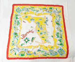 Vintage Florida Map Tablecloth Flamingos Hibiscus Classic 1950s Kitsch