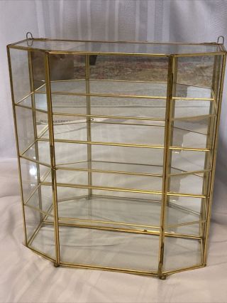 Vintage Glass Brass Curio Display Cabinet 4 Shelf Mirror