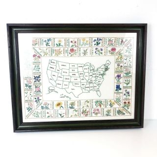 Vintage Paragon Usa State Flower Map Completed Embroidery Large Framed