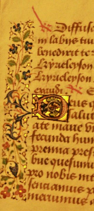 15th - C Latin Illuminated Medieval Leaf Manuscript Book Of Hours 3 Gold Caps 2p
