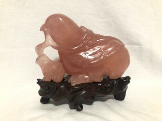 Vintage Chinese Rose Quartz Quails Carving With Wood Stand