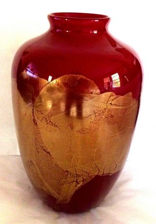 Vtg 9.  5 " Art Glass Vase.  Dark Red W/ Gold Foil Accents.  Handcrafed & Artist Signed