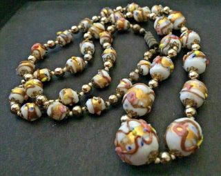 Vintage Hand Knotted Venetian Murano Glass Wedding Cake White Bead Necklace 27 "