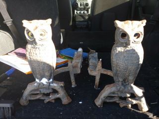 Early Antique Vintage Cast Iron Owl Fireplace Andirons W/log Holders